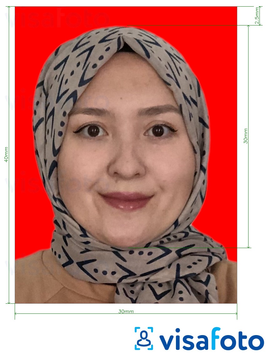 写真の例 インドネシアビザ3 x 4 cm（30 x 40 mm）オンラインの赤背景 正確なサイズ仕様に