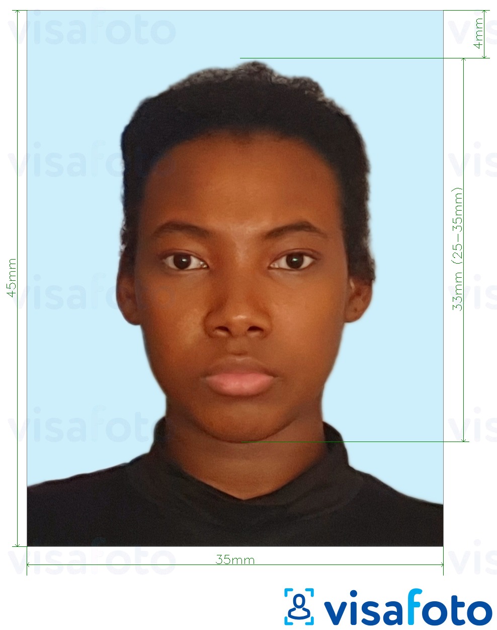 写真の例 ジャマイカのパスポート35x45 mm淡青色の背景 正確なサイズ仕様に