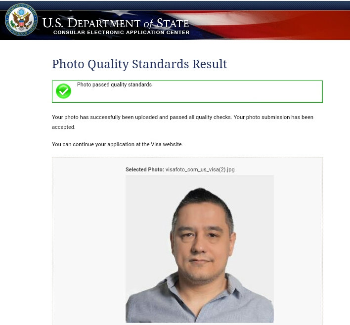 米国ビザ写真アップロード成功画面