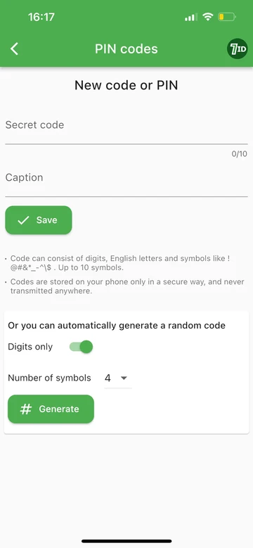 7ID: Lägg till en ny PIN-kod eller generera den