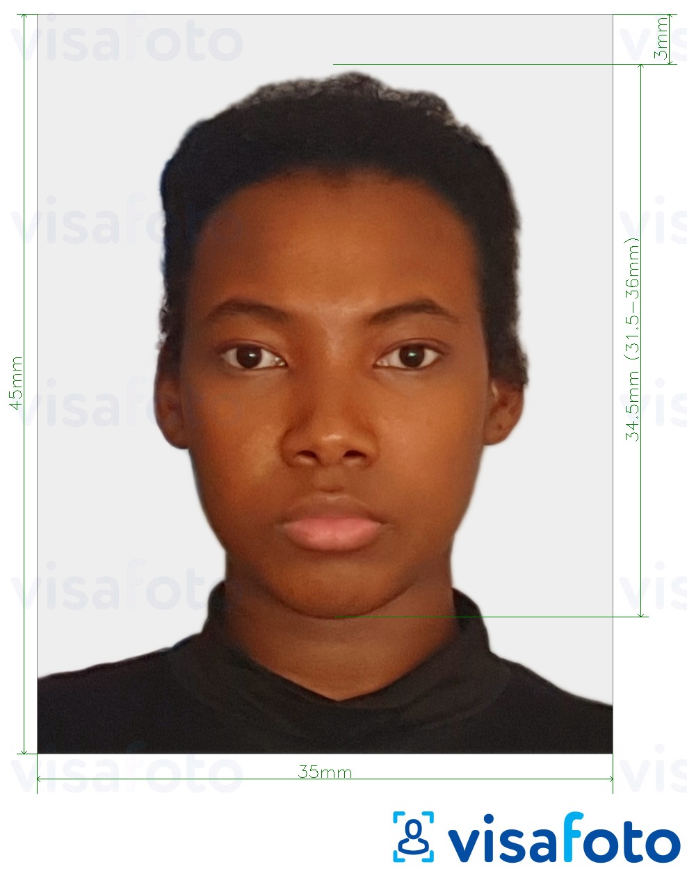 写真の例 コンゴ（ブラザビル）パスポート35x45 mm（3.5x4.5 cm） 正確なサイズ仕様に