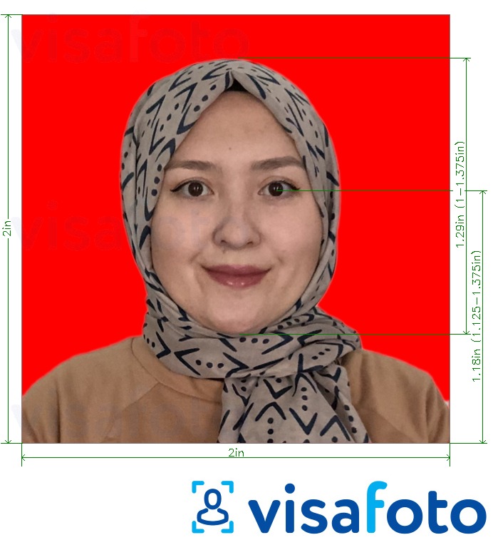 写真の例 インドネシアのパスポート51x51 mm（2x2インチ）の赤い背景 正確なサイズ仕様に