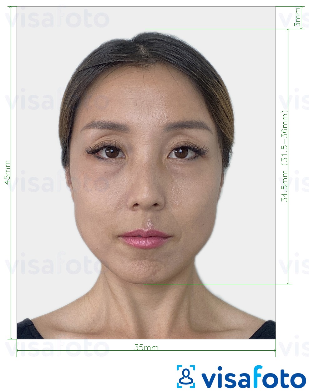 写真の例 韓国パスポート35x45 mm（3.5x4.5 cm） 正確なサイズ仕様に