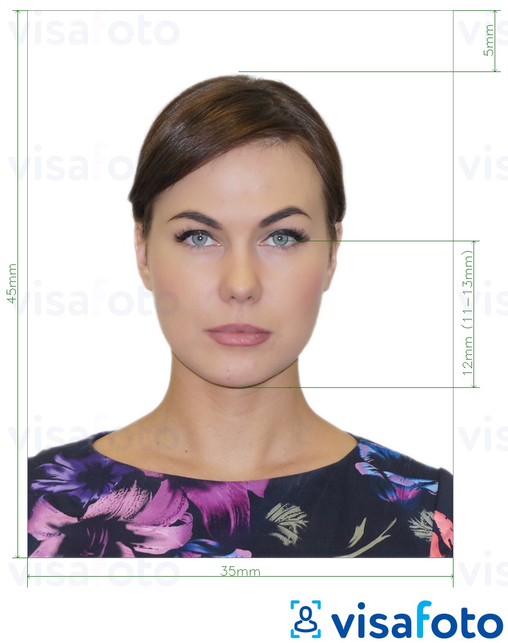 写真の例 ロシアのパスポート（顎の奥から目まで12 mm）、35x45 mm 正確なサイズ仕様に